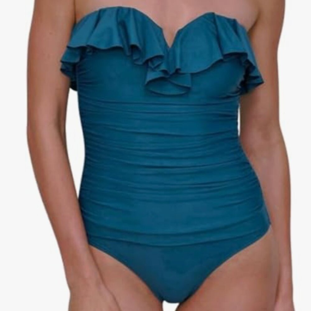 NEW‎ DKNY Ruffle Bandeau One-Piece Swimsuit Teal Blue Green Size L Retro Pinup